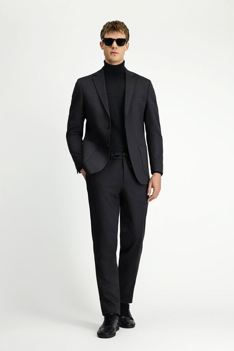 Siyah 6 Drop Regular Fit Standart Kesim Desenli Beli Lastikli İpli Takım Elbise