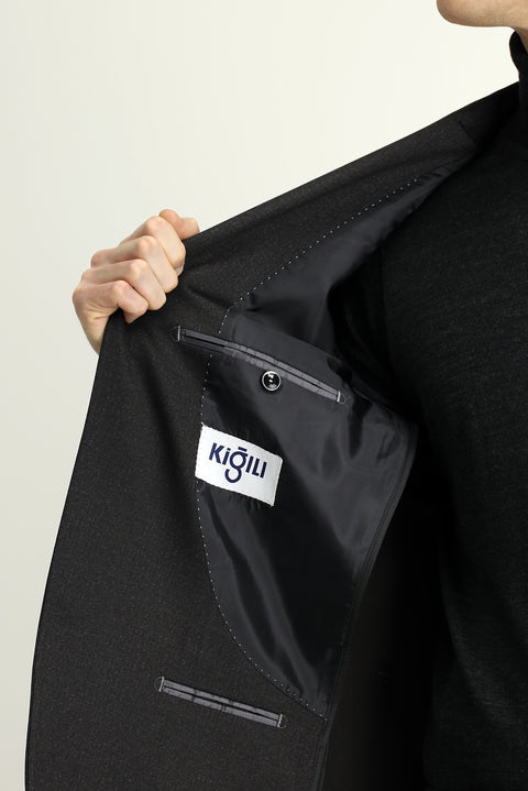 Siyah 6 Drop Regular Fit Standart Kesim Desenli Beli Lastikli İpli Takım Elbise