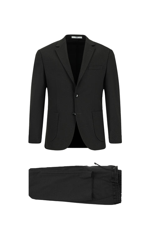 Siyah 6 Drop Regular Fit Standart Kesim Desenli Beli Lastikli İpli Takım Elbise