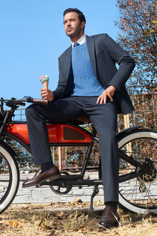  Orta Lacivert Regular Fit Desenli Beli Lastikli İpli Takım Elbise