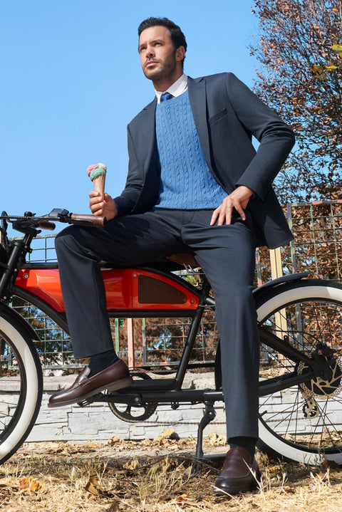 Orta Lacivert 6 Drop Regular Fit Standart Kesim Desenli Beli Lastikli İpli Takım Elbise