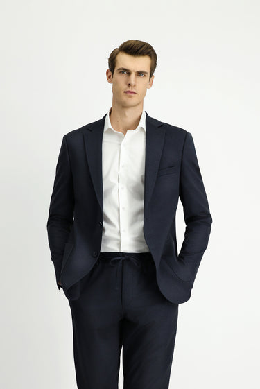 Orta Lacivert Regular Fit Desenli Beli Lastikli İpli Takım Elbise