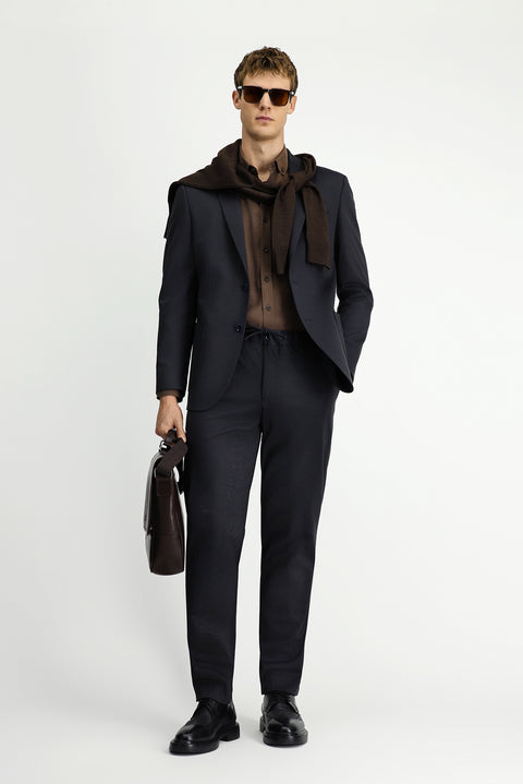 Koyu Lacivert 6 Drop Regular Fit Standart Kesim Desenli Beli Lastikli İpli Takım Elbise