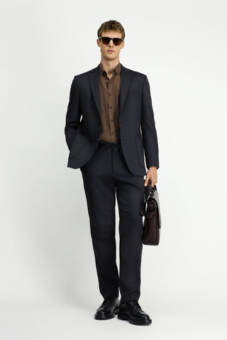  Koyu Lacivert Regular Fit Desenli Beli Lastikli İpli Takım Elbise