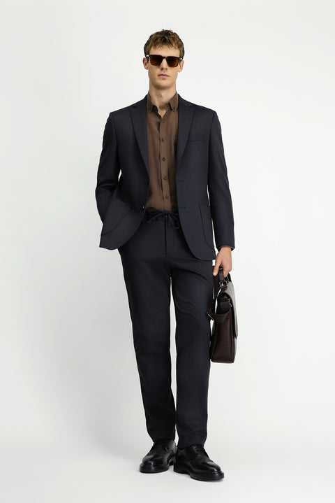 Koyu Lacivert 6 Drop Regular Fit Standart Kesim Desenli Beli Lastikli İpli Takım Elbise