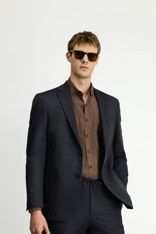  Koyu Lacivert Regular Fit Desenli Beli Lastikli İpli Takım Elbise