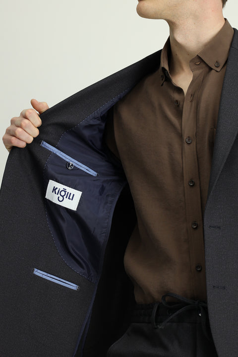 Koyu Lacivert 6 Drop Regular Fit Standart Kesim Desenli Beli Lastikli İpli Takım Elbise