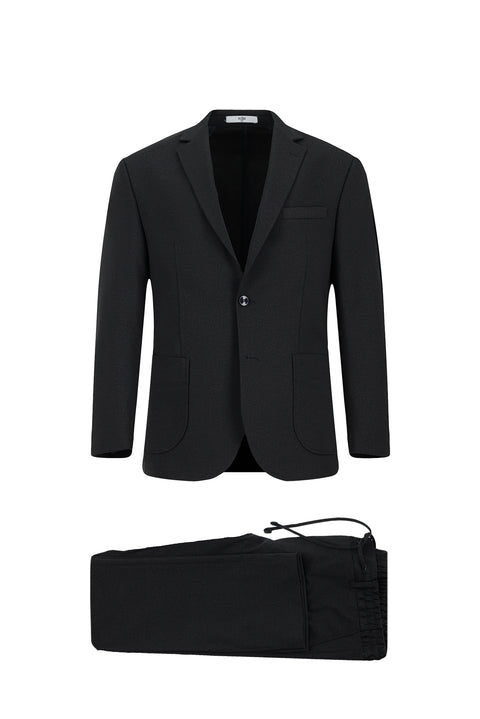 Siyah Lacivert 6 Drop Regular Fit Standart Kesim Desenli Beli Lastikli İpli Takım Elbise