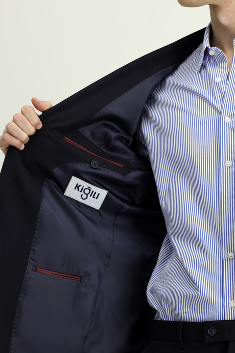 Koyu Lacivert 6 Drop Regular Fit Standart Kesim Desenli Çift Pantolonlu Takım Elbise