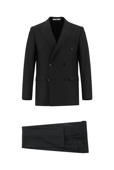 Siyah 7 Drop Slim Fit Dar Kesim Desenli Kruvaze Takım Elbise