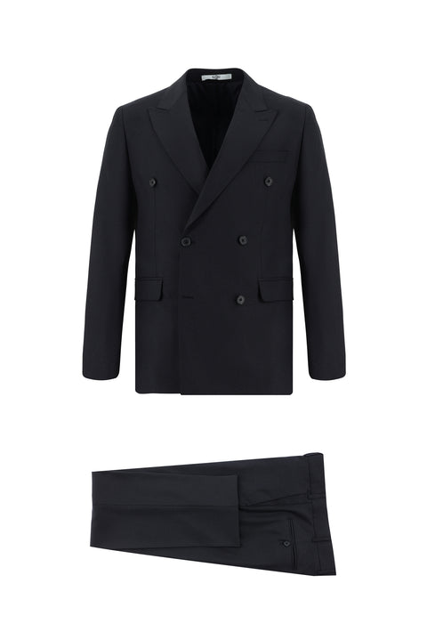 Dark Navy 7 Drop Slim Fit Patterned Double-Breasted Suit