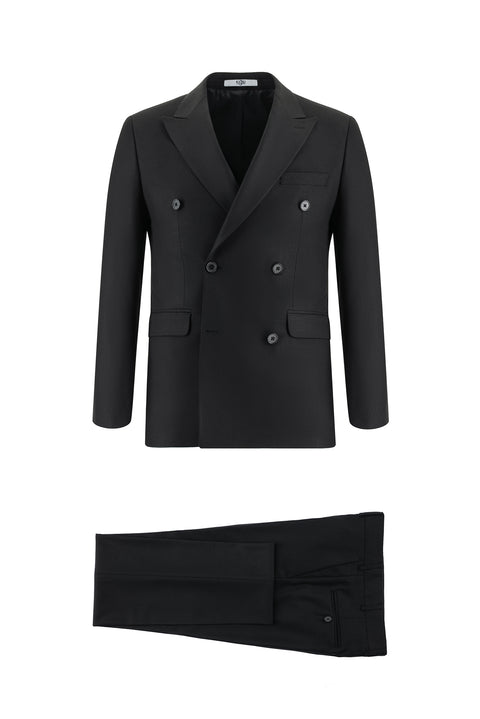 Siyah 7 Drop Slim Fit Dar Kesim Desenli Kruvaze Takım Elbise