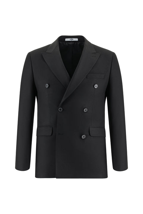 Siyah 7 Drop Slim Fit Dar Kesim Desenli Kruvaze Takım Elbise