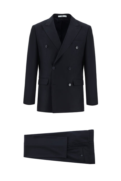 Koyu Lacivert 7 Drop Slim Fit Dar Kesim Desenli Kruvaze Takım Elbise