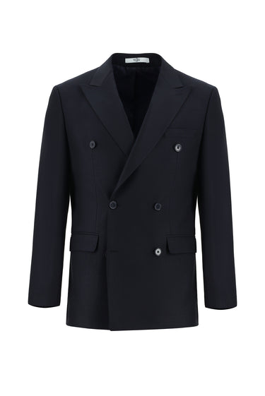 Koyu Lacivert Slim Fit Dar Kesim Desenli Kruvaze Takım Elbise