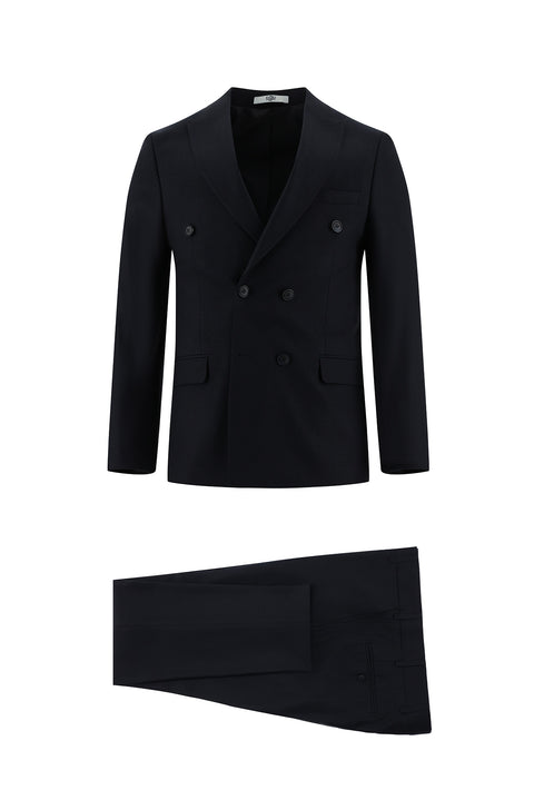 Koyu Lacivert 7 Drop Slim Fit Dar Kesim Kruvaze Takım Elbise