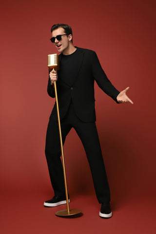  Siyah Regular Fit Beli Lastikli İpli Gofreli Likralı Takım Elbise