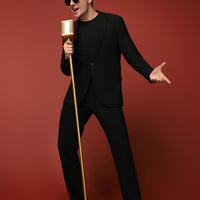 Siyah 7 Drop Slim Fit Dar Kesim Beli Lastikli İpli Gofreli Likralı Takım Elbise