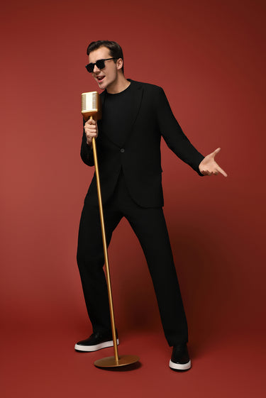  Siyah Slim Fit Dar Kesim Beli Lastikli İpli Gofreli Likralı Takım Elbise