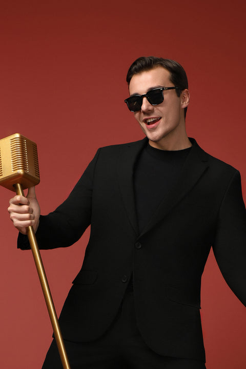 Siyah 6 Drop Regular Fit Standart Kesim Beli Lastikli İpli Gofreli Likralı Takım Elbise