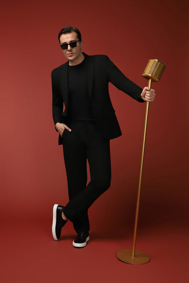  Siyah Slim Fit Dar Kesim Beli Lastikli İpli Gofreli Likralı Takım Elbise