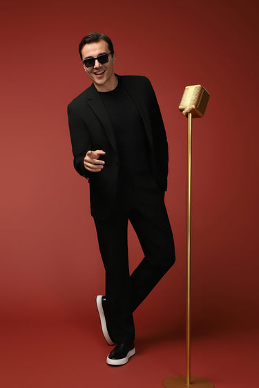  Siyah Slim Fit Dar Kesim Beli Lastikli İpli Gofreli Likralı Takım Elbise