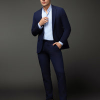 Koyu Lacivert Slim Fit Dar Kesim Beli Lastikli İpli Gofreli Likralı Takım Elbise