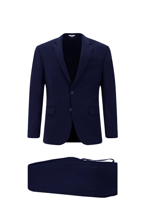 Koyu Lacivert 7 Drop Slim Fit Dar Kesim Beli Lastikli İpli Gofreli Likralı Takım Elbise