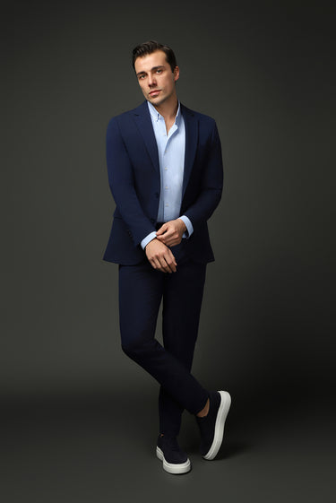  Koyu Lacivert Slim Fit Dar Kesim Beli Lastikli İpli Gofreli Likralı Takım Elbise