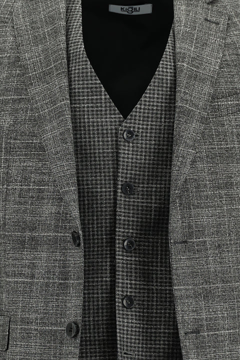 Koyu Füme 7 Drop Slim Fit Dar Kesim Kombinli Yelekli Takım Elbise