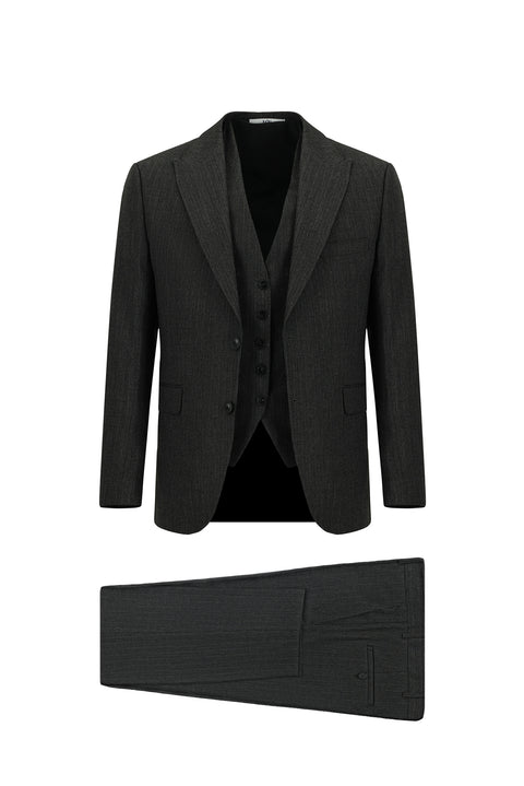 Siyah 7 Drop Slim Fit Dar Kesim Kombinli Yelekli Takım Elbise