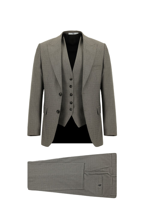 Açık Kahve  7 Drop Slim Fit Dar Kesim Kombinli Yelekli Takım Elbise