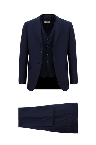  Koyu Lacivert Slim Fit Dar Kesim Yelekli Takım Elbise