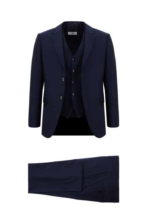 Koyu Lacivert 7 Drop Slim Fit Dar Kesim Yelekli Takım Elbise