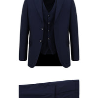 Koyu Lacivert 7 Drop Slim Fit Dar Kesim Yelekli Takım Elbise