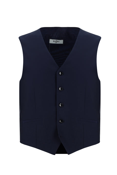 Koyu Lacivert 7 Drop Slim Fit Dar Kesim Yelekli Takım Elbise