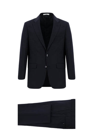 Koyu Lacivert Slim Fit Dar Kesim Yünlü Klasik Desenli Takım Elbise