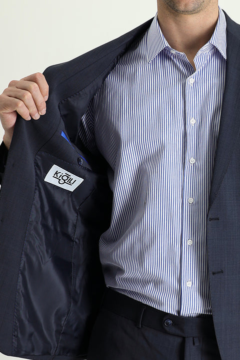 Koyu Lacivert 7 Drop Slim Fit Dar Kesim Yünlü Takım Elbise