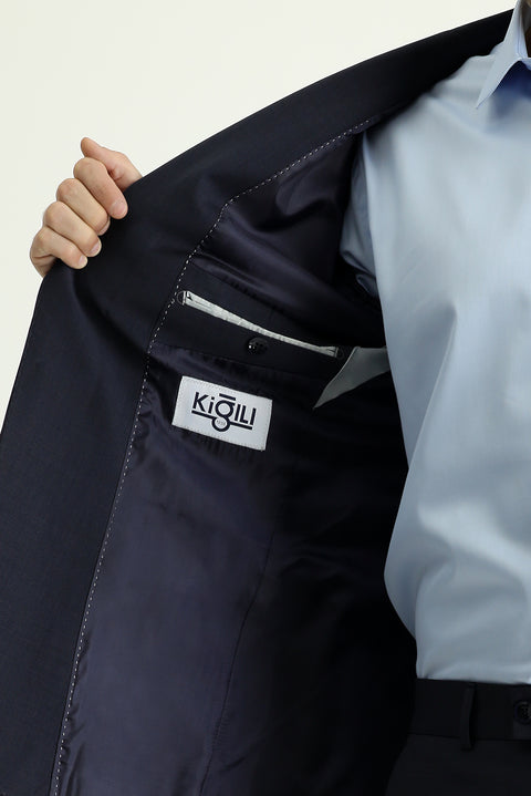 Koyu Lacivert 8 Drop Muscle Fit Uzun Atletik Kesim Yünlü Takım Elbise