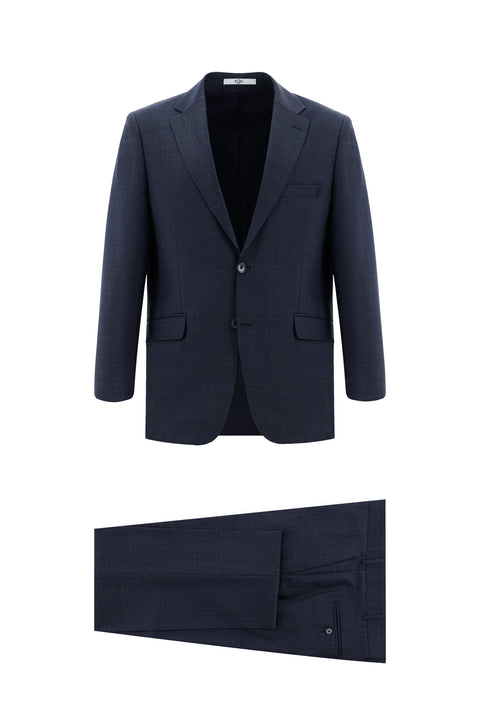 Koyu Lacivert 4 Drop Relaxed Fit Rahat Kesim Yünlü Desenli Takım Elbise