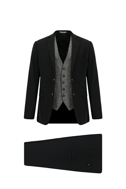 Siyah 7 Drop Super Slim Fit Eksra Dar Kesim Yelekli Takım Elbise