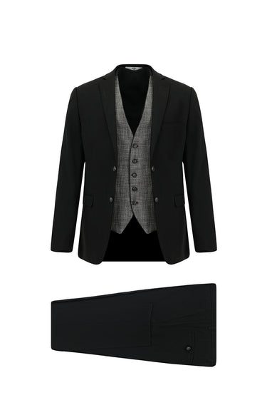  Siyah Super Slim Fit Ekstra Dar Kesim Yelekli Takım Elbise
