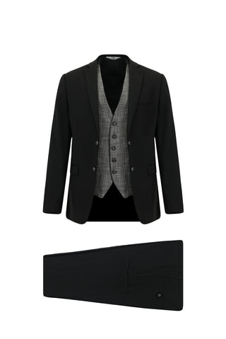  Siyah 7 Drop Super Slim Fit Eksra Dar Kesim Yelekli Takım Elbise