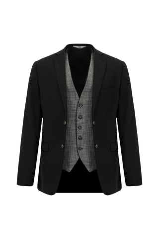  Siyah 7 Drop Super Slim Fit Eksra Dar Kesim Yelekli Takım Elbise