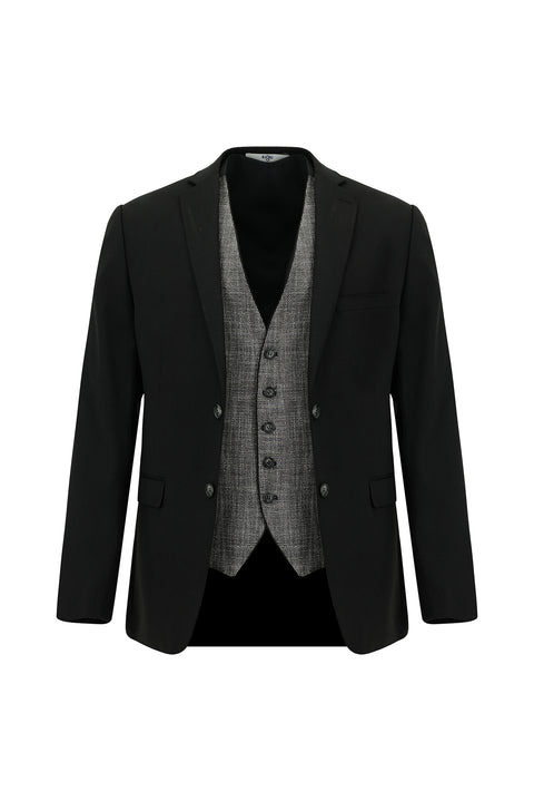 Siyah 7 Drop Slim Fit Dar Kesim Yelekli Takım Elbise