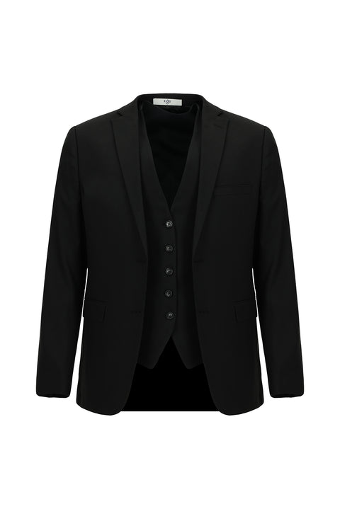 Siyah 7 Drop Slim Fit Dar Kesim Yelekli Takım Elbise