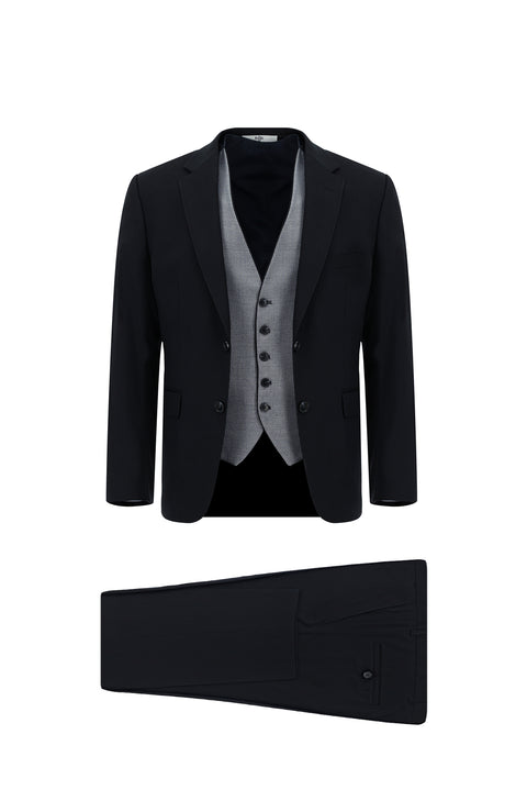 Koyu Lacivert 7 Drop Slim Fit Dar Kesim Yelekli Takım Elbise