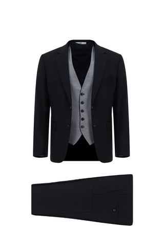  Koyu Lacivert Slim Fit Dar Kesim Yelekli Takım Elbise