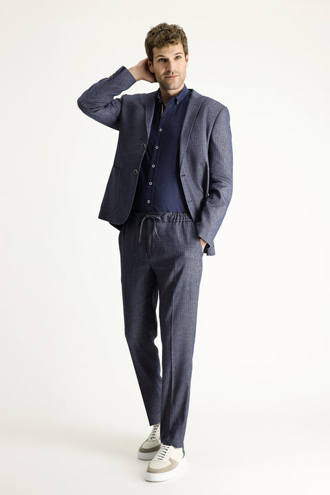 Koyu Lacivert 7 Drop Super Slim Fit Eksra Dar Kesim Beli Lastikli İpli Desenli Keten Karışımlı Takım Elbise