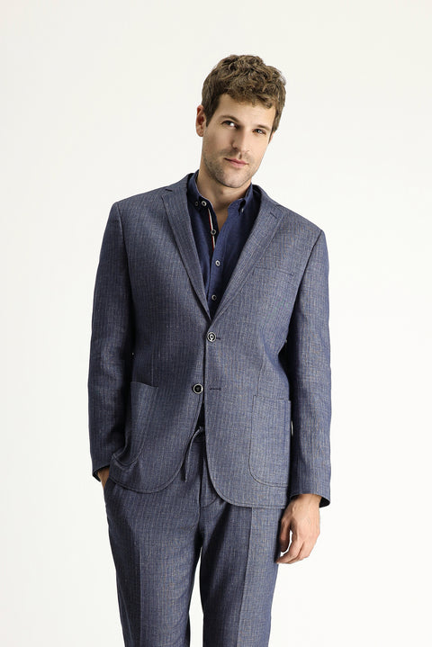 Koyu Lacivert 7 Drop Super Slim Fit Eksra Dar Kesim Beli Lastikli İpli Desenli Keten Karışımlı Takım Elbise